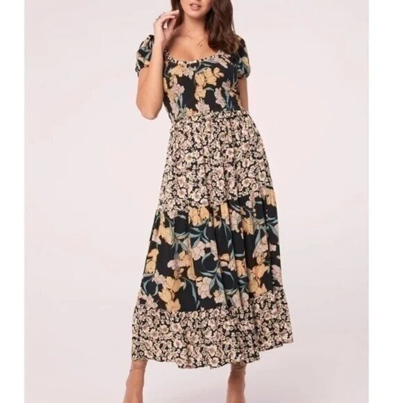 New Band of the Free Prita Mixed Floral Smock Midi Dress Black S - Picture 1 of 7